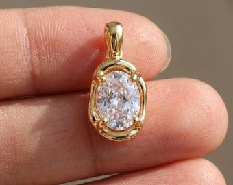 14k gold filled clear cz oval abstract pendant geometric hammered molten charm