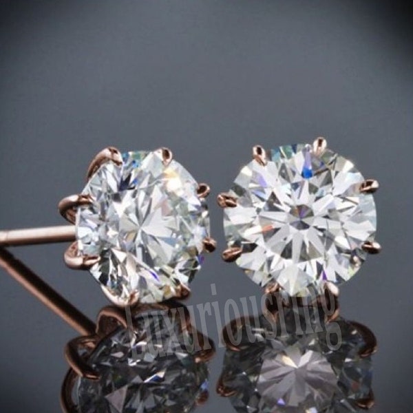 10K Solid Rose Gold 2.00 Ct Colorless Brilliant Cut Moissanite Stud Earring, Push Back Stud, Solitaire Stud, Classic Round Solitaire