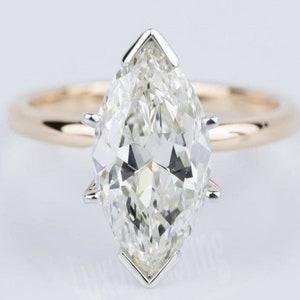 12X6 MM Near White Marquise Cut Moissanite Engagement Ring, Solitaire Diamond Wedding Ring, 14K Solid Two Tone Gold Ring Classic V Prong Set