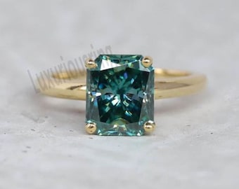 Green Moissanite Engagement Ring, 10K Yellow Gold 1.67 Ct Radiant Cut Blue Green Solitaire Lab Diamond Wedding Ring,Women Anniversary Gift