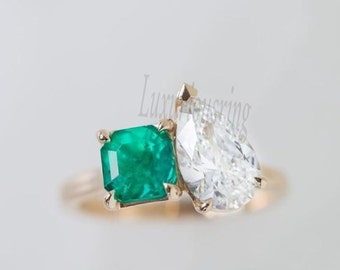 Double Stone Engagement Ring 2 Stone Toi et moi ring Wedding Ring 3 Ct Asscher cut ring Pear ring 2 stone mothers ring Ice crushed ring
