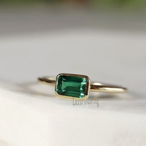 Green Emerald Diamond Engagement Ring 1.04 Ct Green Moissanite East West Emerald Ring 10K Yellow Gold Ring Bezel Set Emerald Solitaire Ring