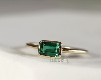 Green Emerald Diamond Engagement Ring 1.04 Ct Green Moissanite East West Emerald Ring 10K Yellow Gold Ring Bezel Set Emerald Solitaire Ring