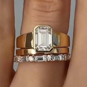 3 CT Emerald Cut Moissanite Engagement Ring Set Emerald Bridal Ring Set 14K Gold Wedding Ring Set Trio Band Ring Set Anniversary Ring Set