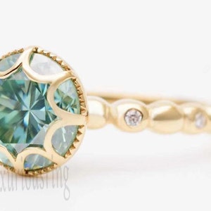 Green Moissanite Ring,1.60 Ct Blue Green Round Cut Moissanite Engagement Ring,14K Solid Yellow Gold Vintage Ring,Art Deco Moissanite Ring,