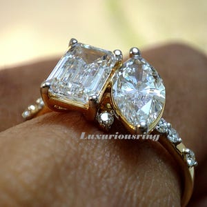 Bague 'Toi Et Moi' 2.00 Ct Diamants De Laboratoire IGI - Coupe Marquise & Ovale - Or Jaune 14k - Taille 8