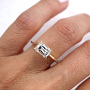 Emerald Cut minimalist Ring East to West Solitaire Engagement Ring 14k Yellow Gold 1.67 CT White Moissanite Ring east west emerald cut ring