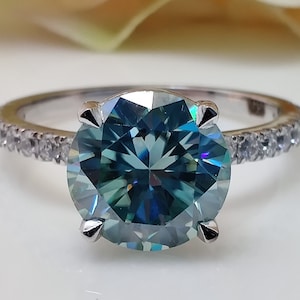 Blue Moissanite Engagement Ring,14k Solid White Gold Ring, 1.60 Ct Round Cut Blue Green Diamond Wedding Ring,Half Eternity Solitaire Ring