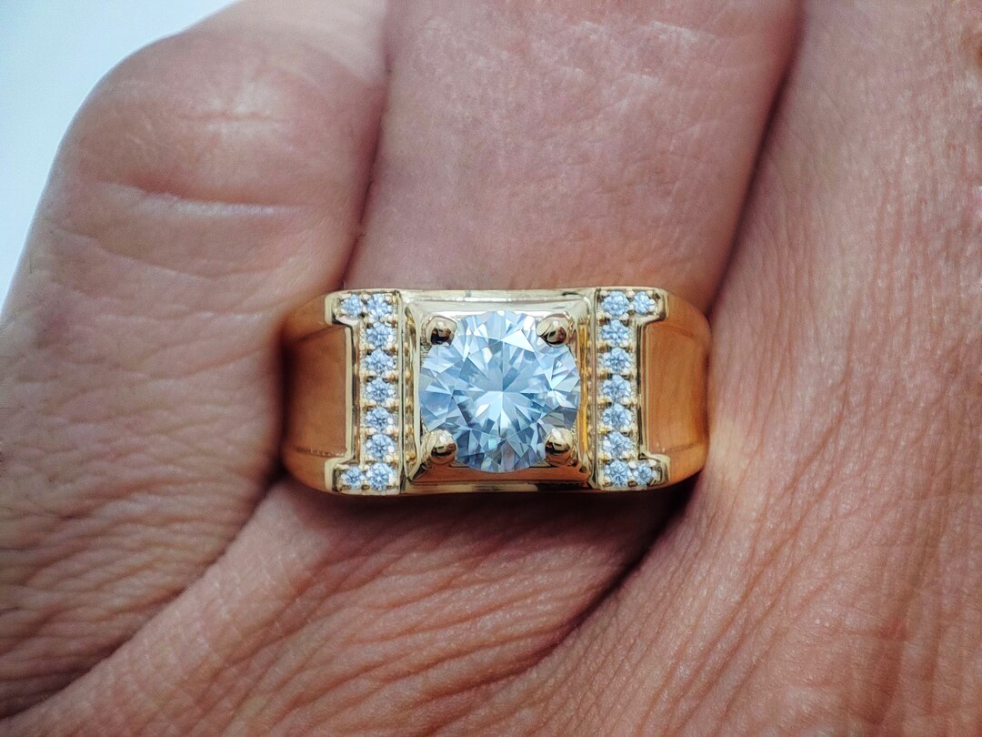 Men's Diamond Engagement Ring, Round Moissanite Wedding Ring, 10K Yellow Gold Half Halo Lab