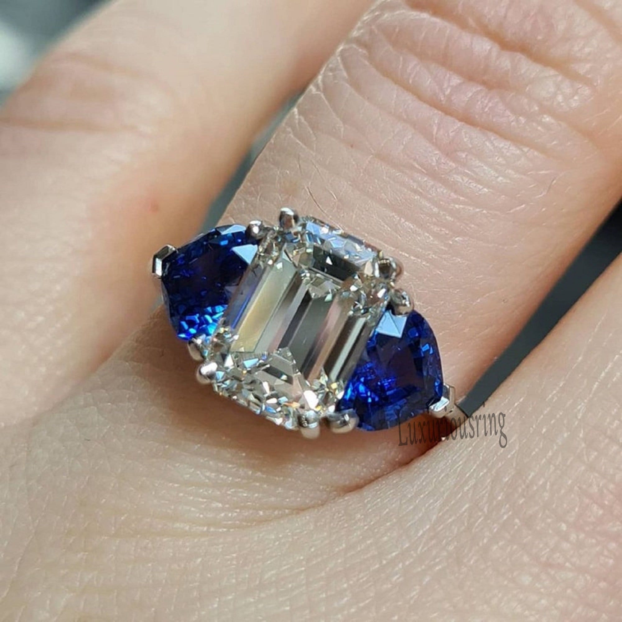 Blue Sapphire Moissanite Engagement Ring 3 Ct Emerald Moissanite Ring, Three Stone Engagement Ring Sapphire Wedding Ring 10K White Gold