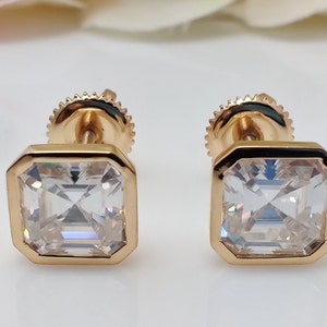 Synthetic Diamond Earring Asscher Moissanite Stud Earrings/ 6mm Each 14K Yellow Gold Bezel Set lab Diamond Screw Back Earrings Set For Women