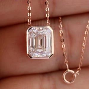 moissanite Pendant, 7x5 mm Colorless Emerald Cut Moissanite Gorgeous Women Pendant,10K Rose Gold Bezel Set Pendant,Best Gift For Daughter