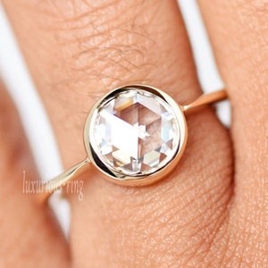 Rose Cut Diamond Engagement Ring, 1.60 Ct Colorless Round Gorgeous Moissanite Ring, Bezel Set Solitaire Wedding Ring In Solid Yellow Gold