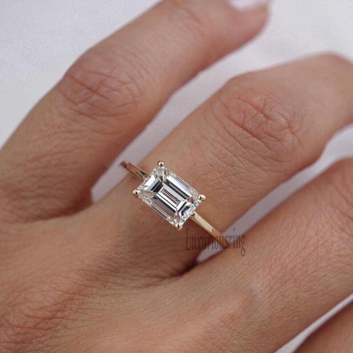 Emerald Cut East to West Solitaire Engagement Ring 14k Yellow Etsy