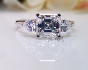 Asscher Cut Moissanite Engagement Ring 1.80 Ct Colorless Asscher Cut Lab Diamond Wedding Ring 925 Sterling Silver Three Stone Wedding Ring