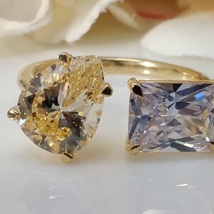 Toi Et Moi Engagement Ring, 2.40Ct Pear Yellow& Radiant Cut White Lab Diamond Adjustable Ring,2 Stone Wedding Ring,14k Gold Anniversary Gift