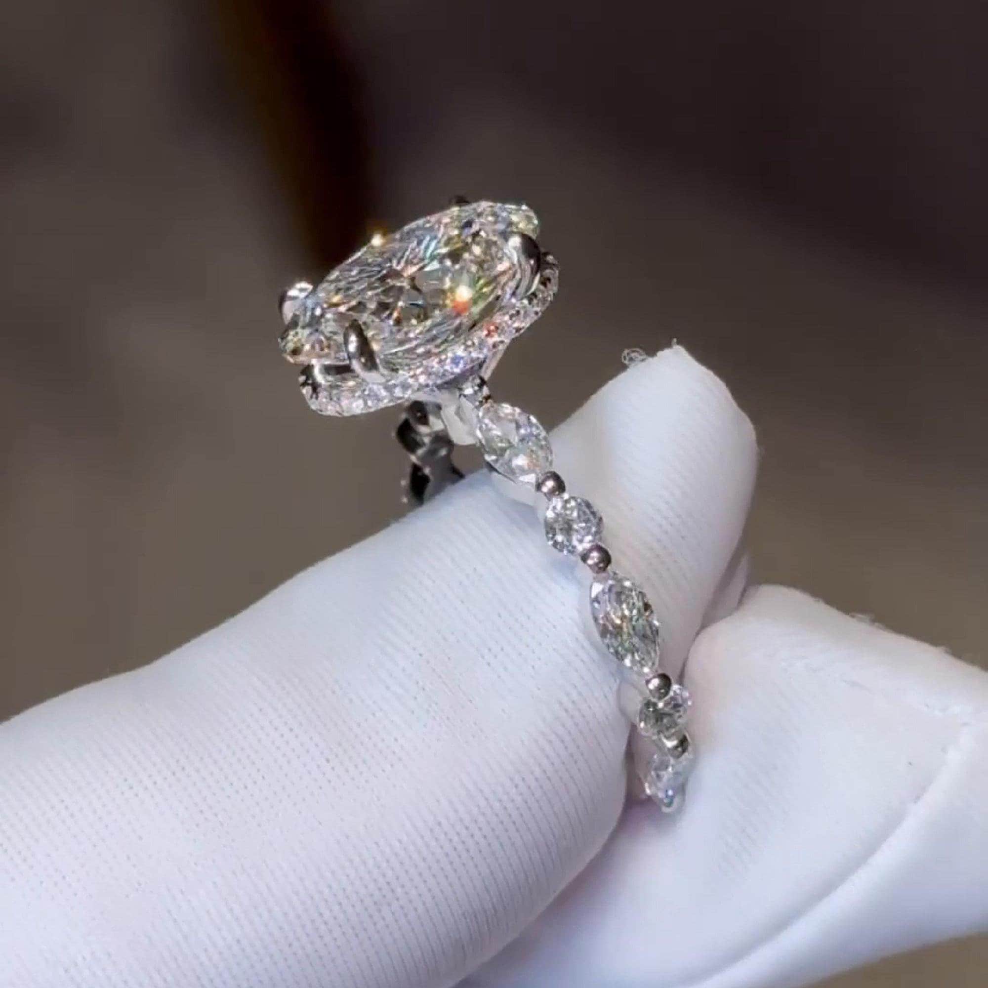 3Ct Oval Moissanite Engagement Ring Hidden Halo, Marquise Pave, 14K Gold Diamond Eternity Band