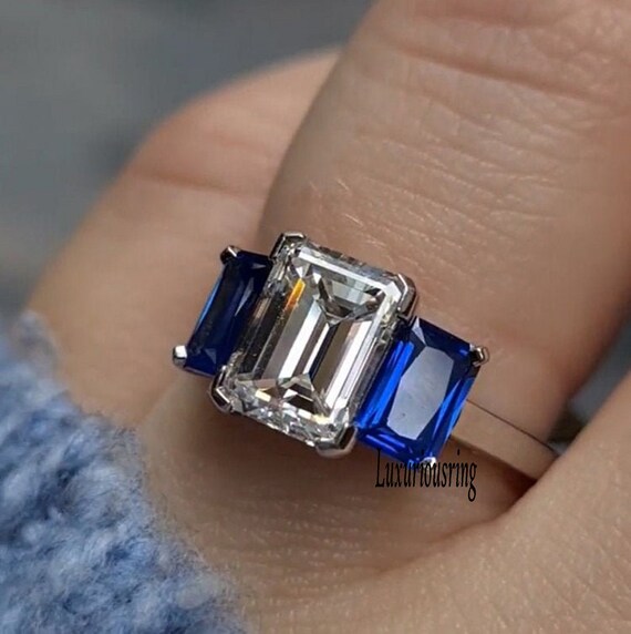 Blue Sapphire Engagement Ring 2.00 Ct Colorless Emerald Three Etsy