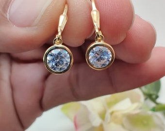 Bezel Set Moissanite Earring, 6 MM Each White Round Cut Moissanite Drop Dangle Earring, 14K Solid Yellow Gold Classic Lever back Stud,