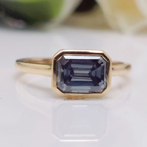Grey Moissanite Ring, Gray Moissanite Engagement Ring, Bezel Set Moissanite Ring, Emerald Cut Moissanite Ring, 14k Solid Yellow Gold Ring
