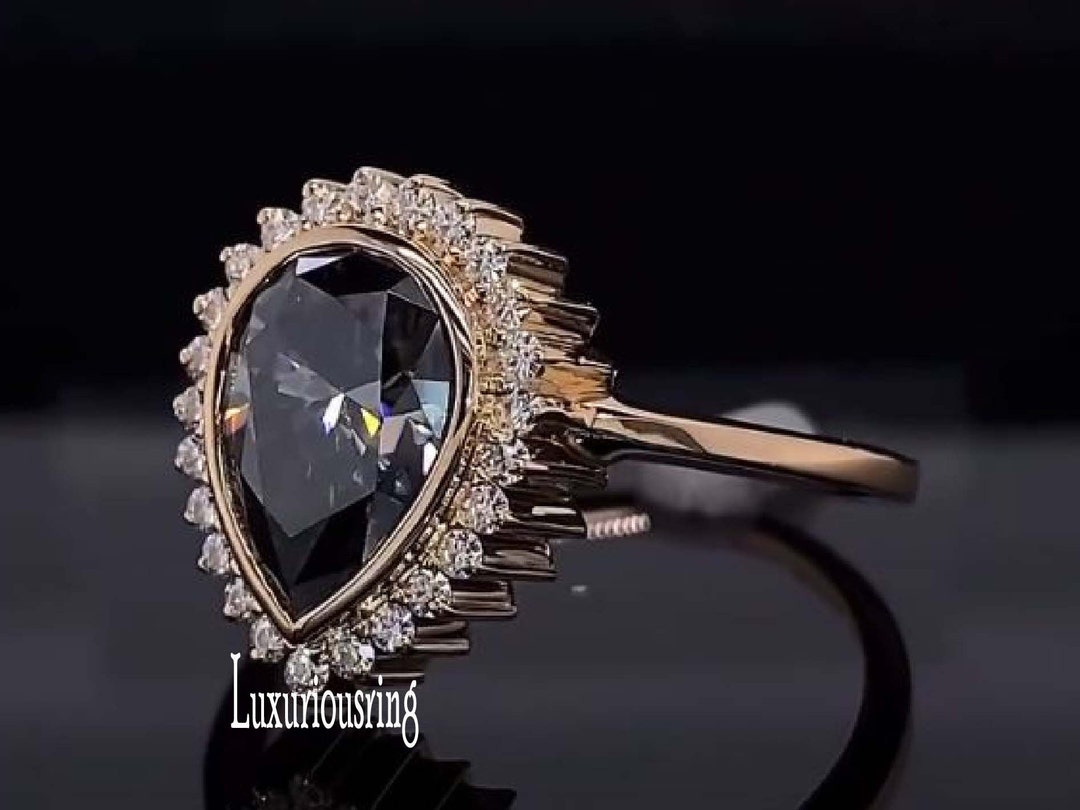 Dark Gray Moissanite Engagement Ring/2 Ct Pear Cut Grey Lab Diamond ...
