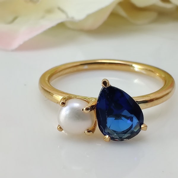 Blue Sapphire Pear & Pearl Dress Ring, 8x5 mm Pear cut Sapphire stone Anniversary Ring, 10K Solid Yellow Gold minimalist Ring,