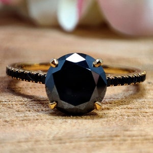 minimalist Ring,8.5 mm Round Cut Black Moissanite Engagement Ring,10k Solid Yellow Gold Lab Diamond Wedding Ring,Proposal Ring Gifts For Her