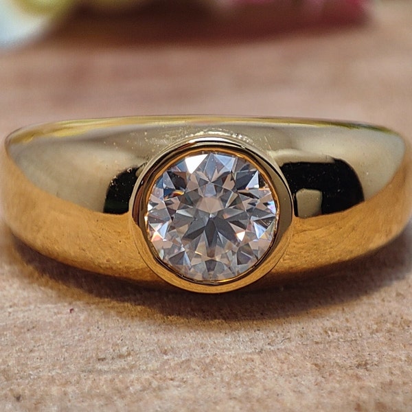 Round Moissanite Solitaire Engagement Ring/ Mens Wedding Vintage Ring/ Bezel Set 1.10 Ct White Diamond Ring flush set ring unisex jewellery