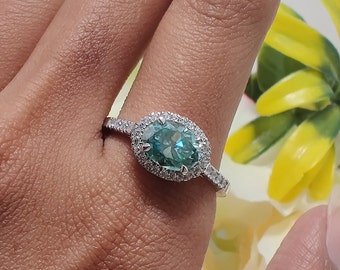 2 CT Unique Oval Cut Moissanite Bridal Engagement Ring,Blue Green Moissanite White Gold Wedding Ring, Handmade Jewelry For Anniversary Gift