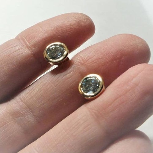 Gray Moissanite Stud 5.5 shops MM Each Dark Grey Round Moissanite Gorgeous Women Stud 14k solid Yellow Gold Round Moissanite Bezel Set Earring