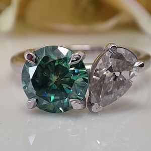 Toi Et Moi Engagement Ring Blue Green Round Moissanite Ring, Toi Et Moi Moissanite Ring, 925 Sterling Silver Ring, Two Stone Diamond Ring