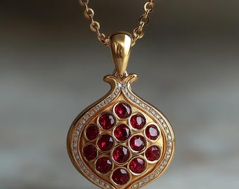 Op de afbeelding: Een goudkleurige hangerketting met een granaatappelontwerp. De hanger is versierd met rode edelstenen en kleine, heldere stenen. De ketting heeft een fijne ketting.