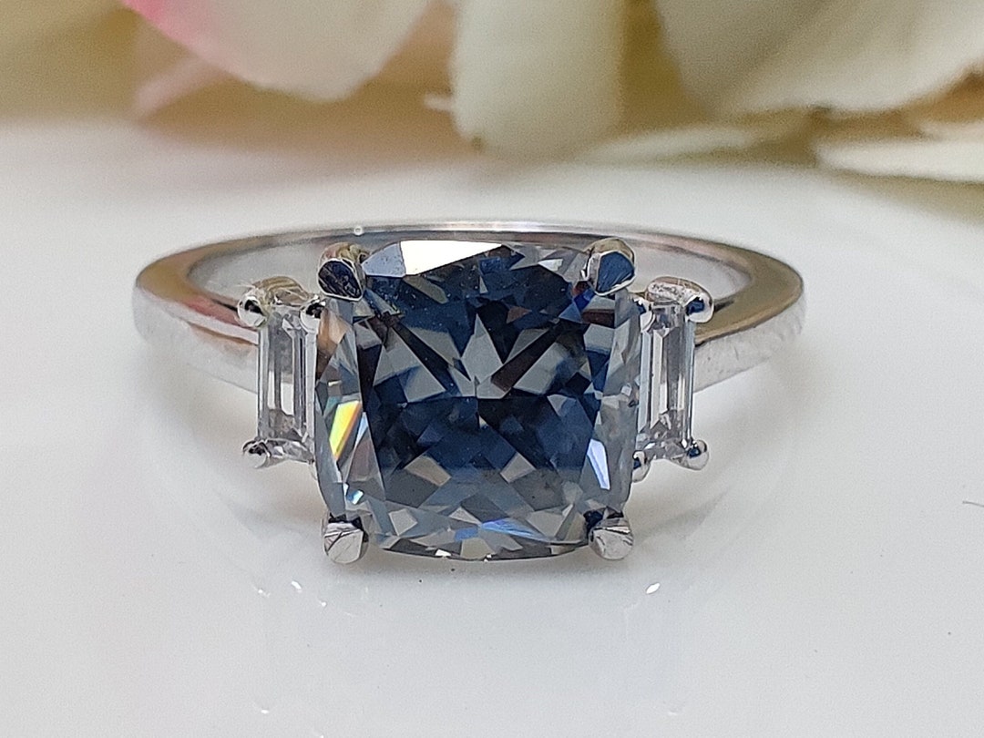 Grey Moissanite Ring 2.15 Ct Dark Gray Cushion Cut Engagement Ring, 925 ...
