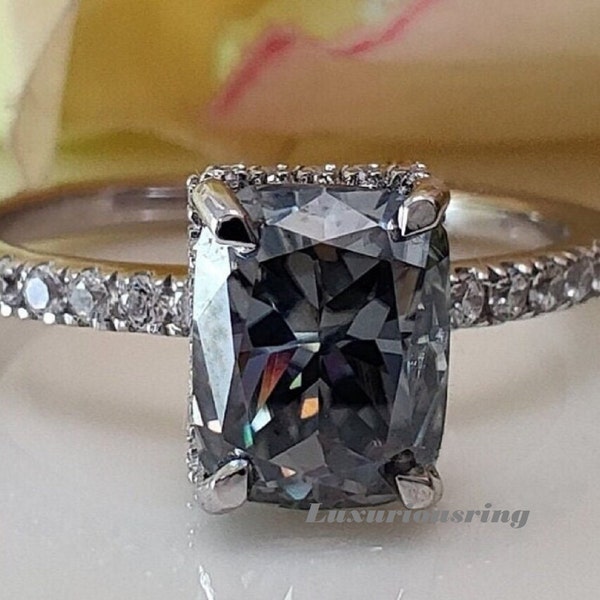 Gray Moissanite Ring, Dark Grey Radiant Cut Moissanite Engagement Ring, 925 Sterling Silver Wedding Ring, Anniversary Gift Ring For Women