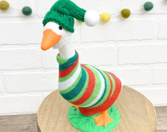Outfit for 7" Desk Goose - Striped Christmas Desk Goose Outfit - Goose Dress - Winter Mini Goose Clothing Clothes - Knit Hat Beanie Goose