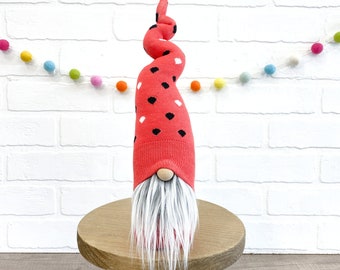 Summer Watermelon Gnome - Red Watermelon Gnome Gray Beard - Handmade Home Sweet Gnome - Watermelon Tiered Tray Decor - Watermelon Seed Gnome