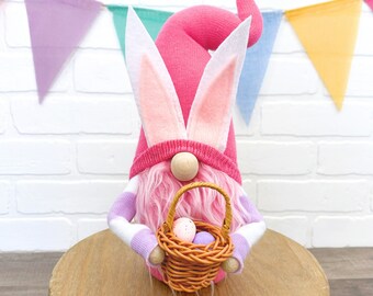 Pink & Purple Easter Bunny Gnome with Easter Basket - Finished Holiday Gnome - Easter Basket Gift for Girls - Bunny Gnome - Spring Decor