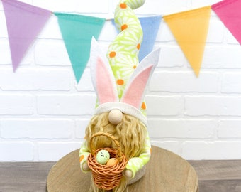 Orange & Green Daisy Flower Easter Bunny Gnome w/ Easter Basket - Holiday Gnome - Easter Basket Gift for Girls - Bunny Gnome - Spring Decor