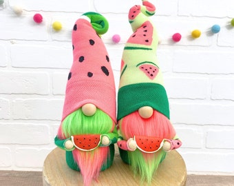 Summer Watermelon Gnome - Green & Pink Watermelon Tiered Tray Gnome Handmade Fruit Gnome with Arms - Summer Themed Gnome Gift for Her