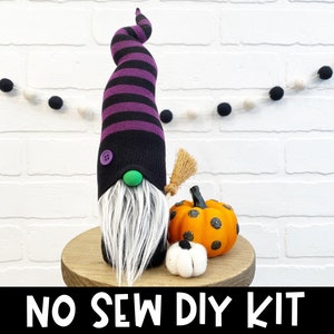 Halloween Witch No Sew Gnome Kit Black & Purple Striped Witch Gnome No Sew DIY Kit Halloween Craft Kit DIY Gnome Making Kit image 1