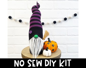 Halloween Witch No Sew Gnome Kit - Black & Purple Striped Witch Gnome - No Sew DIY Kit - Halloween Craft Kit - DIY Gnome Making Kit