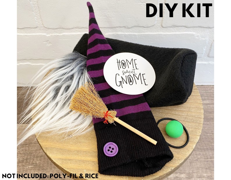 Halloween Witch No Sew Gnome Kit Black & Purple Striped Witch Gnome No Sew DIY Kit Halloween Craft Kit DIY Gnome Making Kit image 2