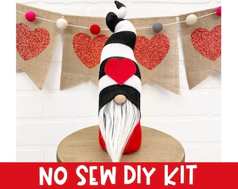 Black Striped Valentine's Day Gnome - No Sew DIY Kit - Valentine Gnome - DIY Gnome Craft Kit - Valentine's Day Gnomes - Striped Valentine