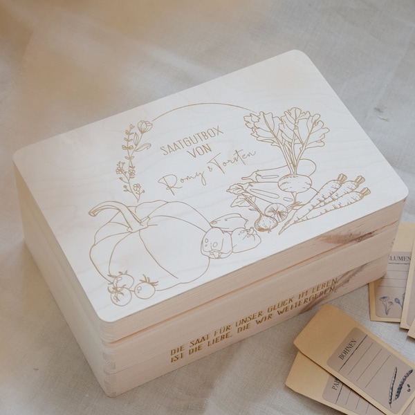 Saatgut-Box aus Holz - Motiv "reiche Ernte", personalisiert mit Name