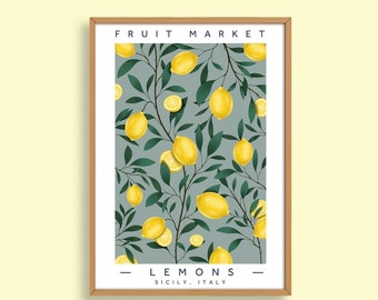 Arte mural con estampado de limones, mercado de frutas, limones de Sicilia, Italia, estampado de cidra, amarillo, azul, cocina, dormitorio, decoración del hogar, A4/A3/A2/A1/A0 y más
