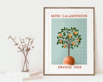 Graphic Illustration, Mini Calamondin Orange Tree, Wall Art Decor, Blue Background