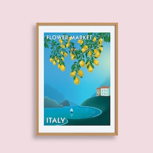 Flower Market, Italy&#39;s Lemons Print, Wall Art, Graphic Illustration, Luxury Print, Framed Print, Ready To Hang, White Wood Frame