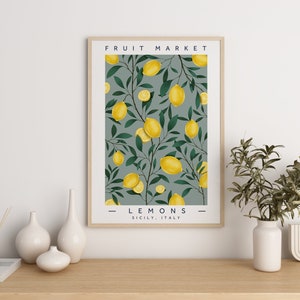 Lemon Print Wall Art, Fruit Market, Lemons Sicily Italy, Citrons Print, Yellow, Blue, Kitchen, Bedroom, Home Decor, A4/A3/A2/A1/A0 & more