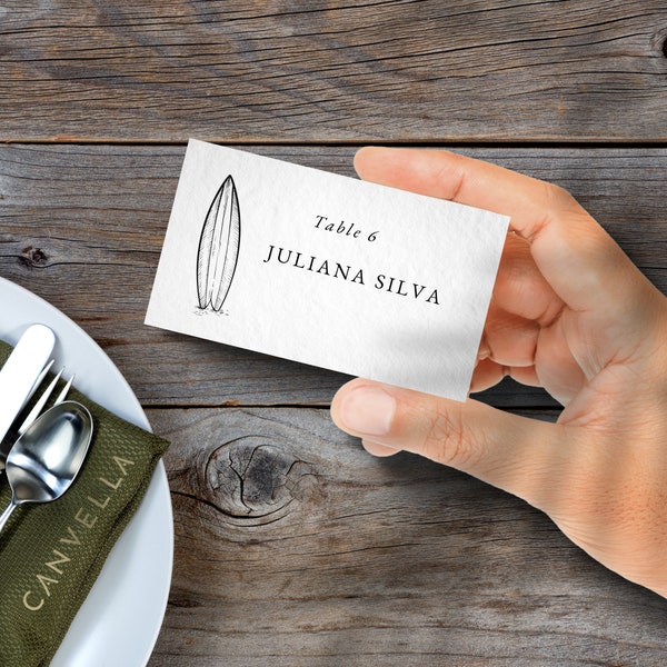 table place setting cards template Editable Minimalist Surf Board Place Card Design Template Printable Instant Download