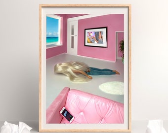 Lámina artística de una divertida muñeca rosa, póster sobre salud mental (descarga digital)